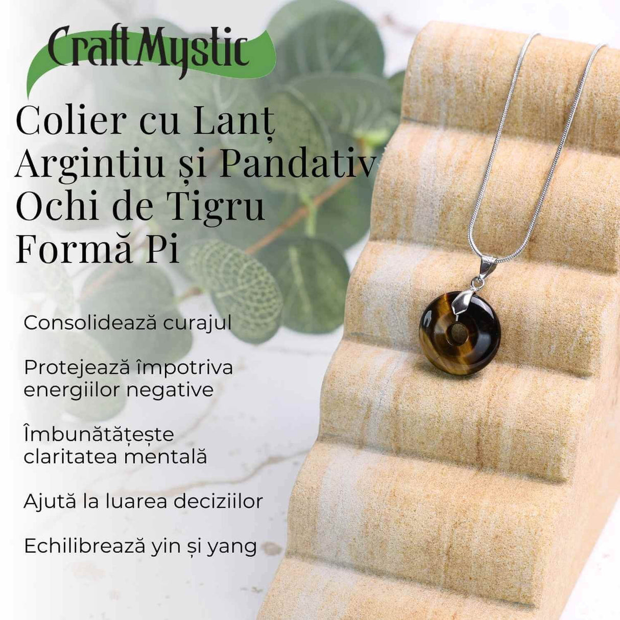 Colier Argintiu cu Ochi de Tigru Forma Pi - Protectie si Energie, Lungime Totala 50 cm, Diametru Pandantiv 20 mm