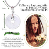 Colier Argintiu Cuart Transparent Forma Pi - Claritate si Energie Pura, Lungime Totala 50 cm, Diametru Pandantiv 20 mm