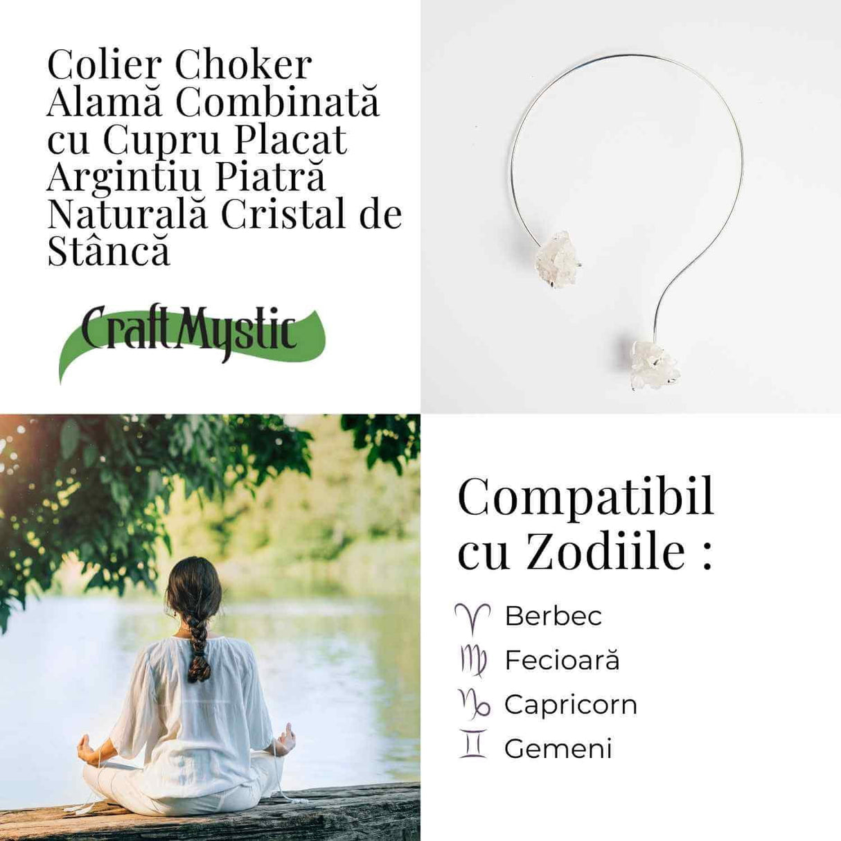 Colier Choker Argintiu cu Cristal de Stanca - Echilibru si Claritate Energetica