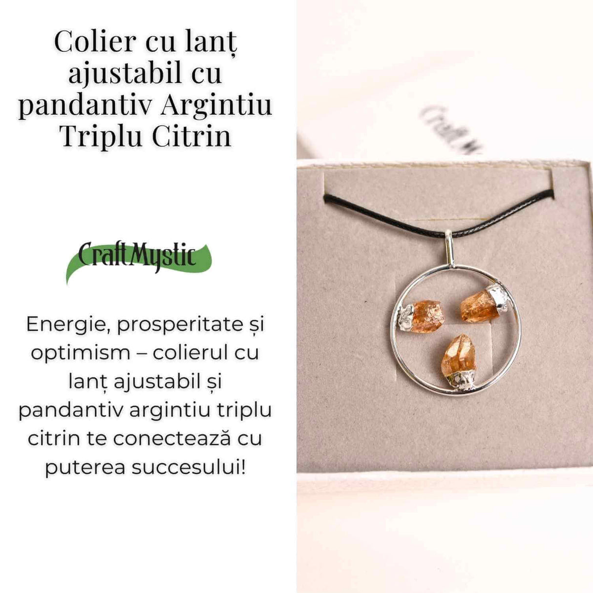 Colier cu pandantiv rotund si 3 pietre de Citrin - Abundenta si Energie Pozitiva