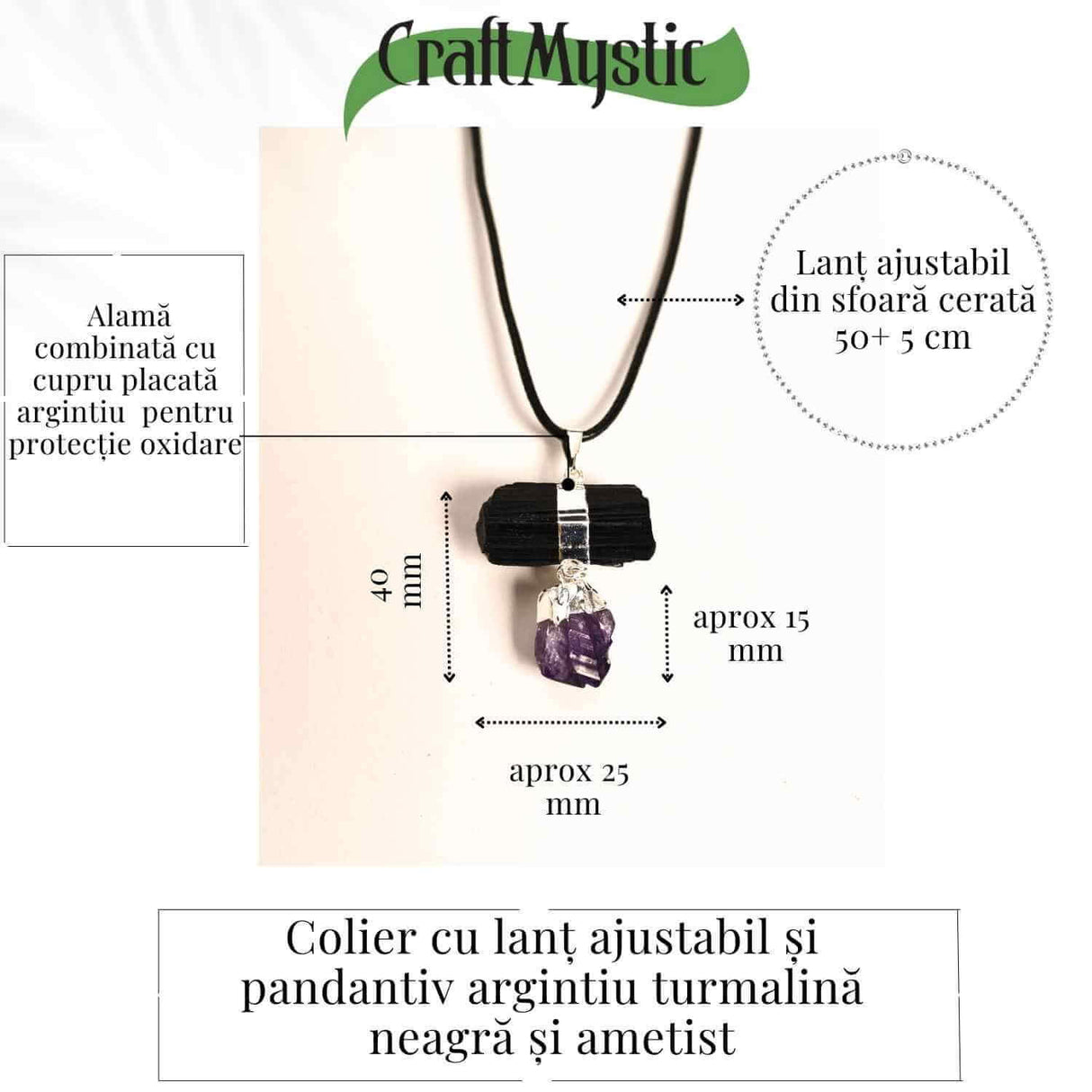 Colier cu pandantiv Turmalina si Ametist - Protectie si Claritate Spirituala