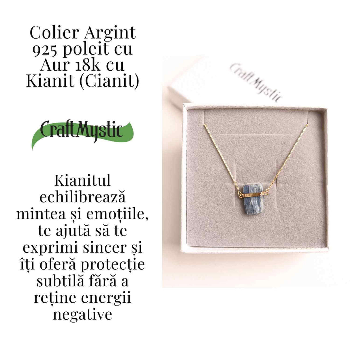 Colier Brut cu Kianit ( Cianit ) din Argint 925 placat cu aur de 18k -Liniste Interioara si Claritate Mentala
