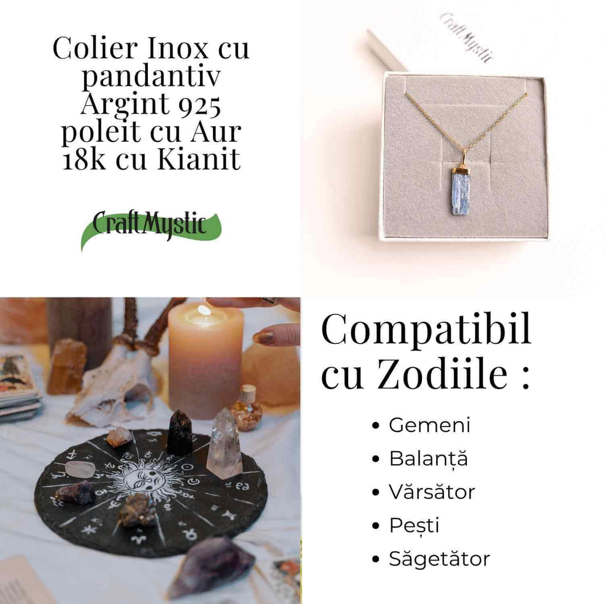 Colier Brut cu Kianit ( Cianit ) din Argint 925 placat cu aur de 18k lant inox - Comunicare Autentică și Calm Mental