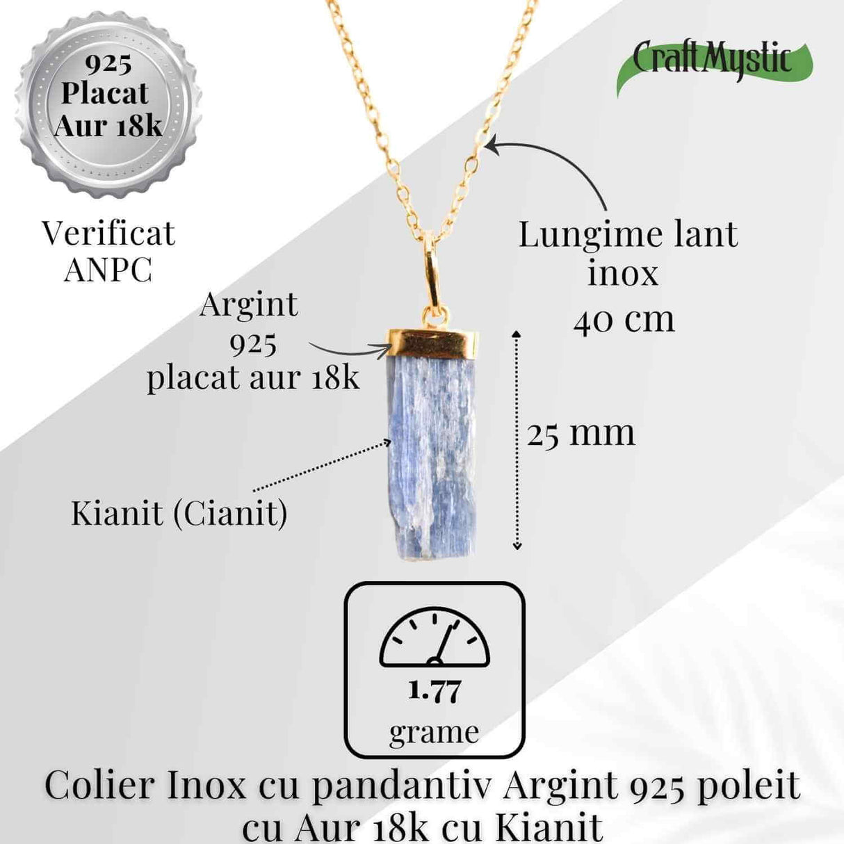 Colier Brut cu Kianit ( Cianit ) din Argint 925 placat cu aur de 18k lant inox - Comunicare Autentică și Calm Mental