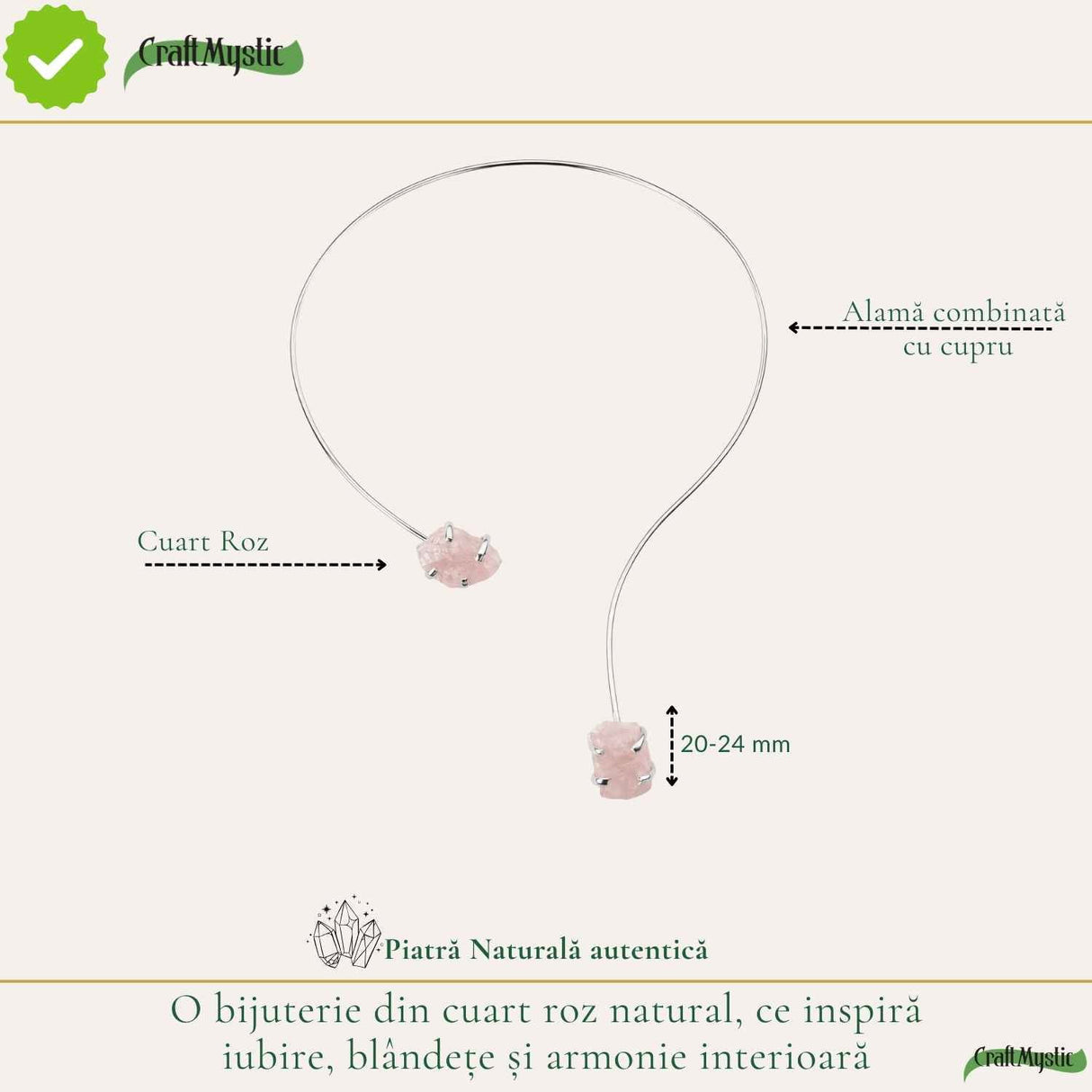 Colier Choker Argintiu cu Cuart Roz Natural – Iubire, Armonie si Echilibru Emotional