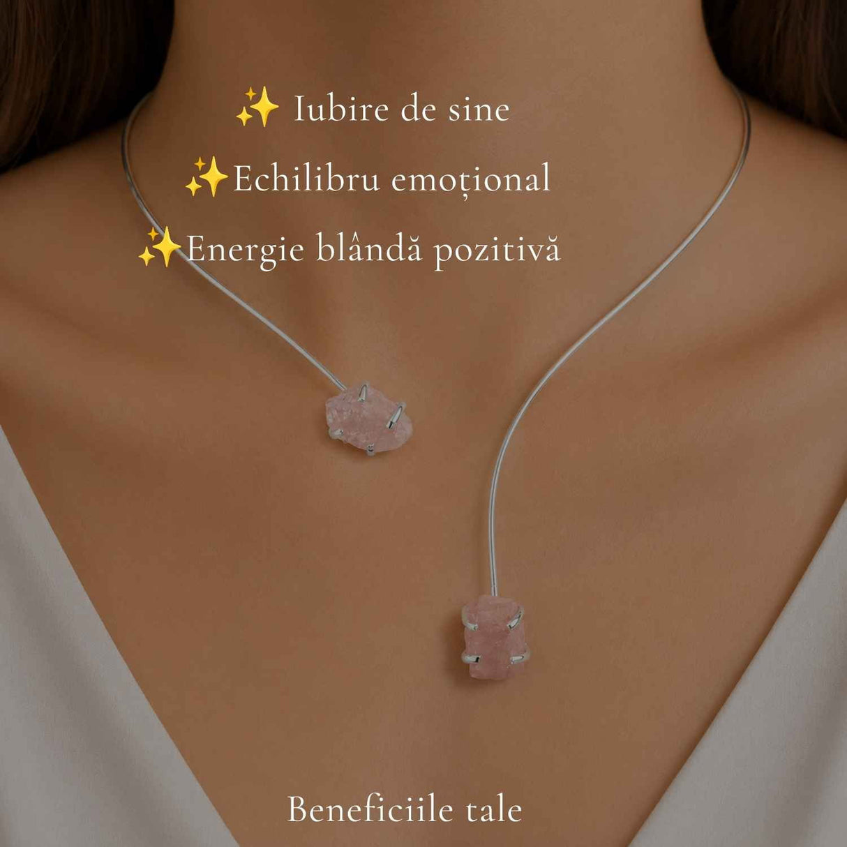 Colier Choker Argintiu cu Cuart Roz Natural – Iubire, Armonie si Echilibru Emotional