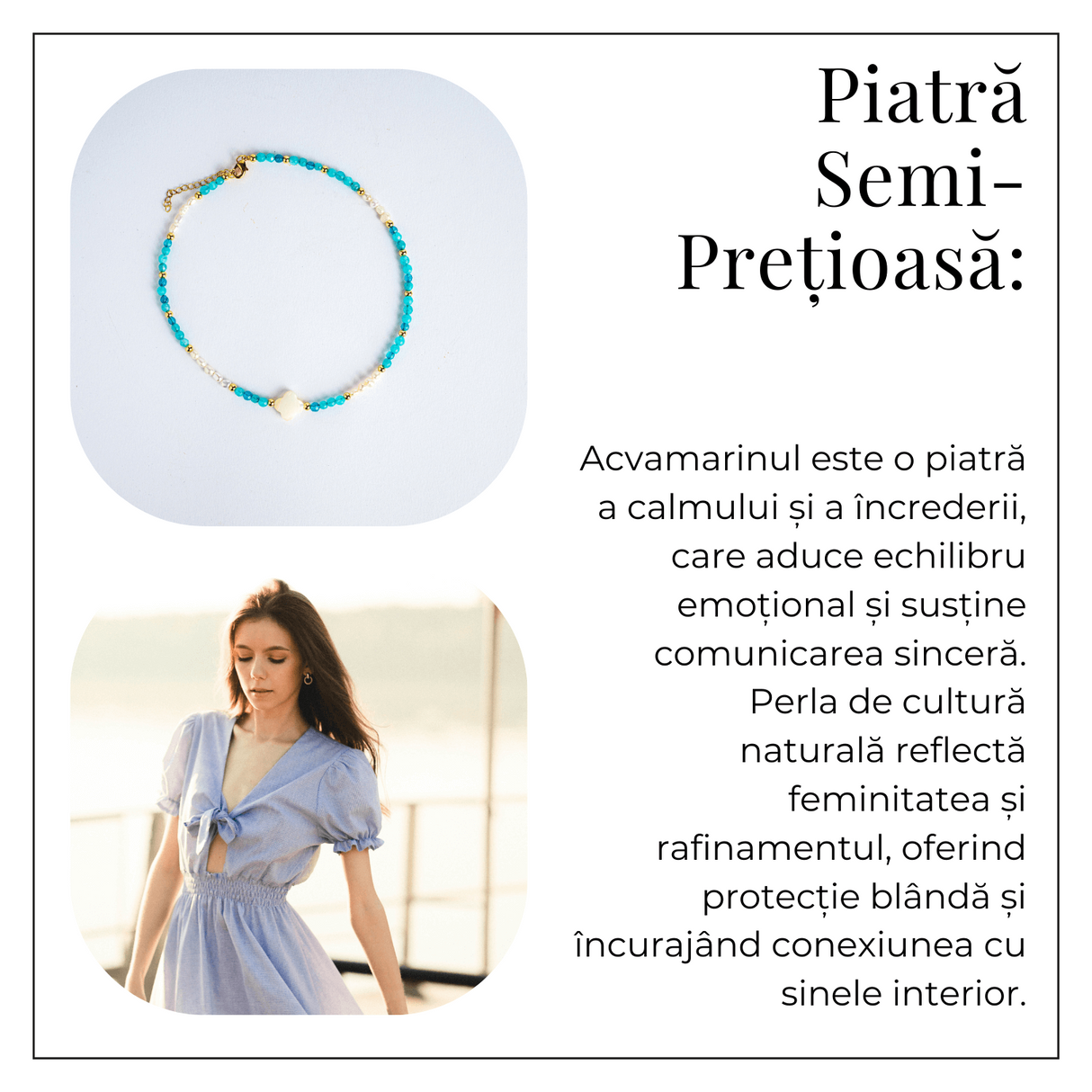 Colier tip choker cu pietre pentru pace interioara - Acvamarin, perle si simbol marin