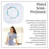 Colier tip choker cu pietre pentru pace interioara - Acvamarin, perle si simbol marin