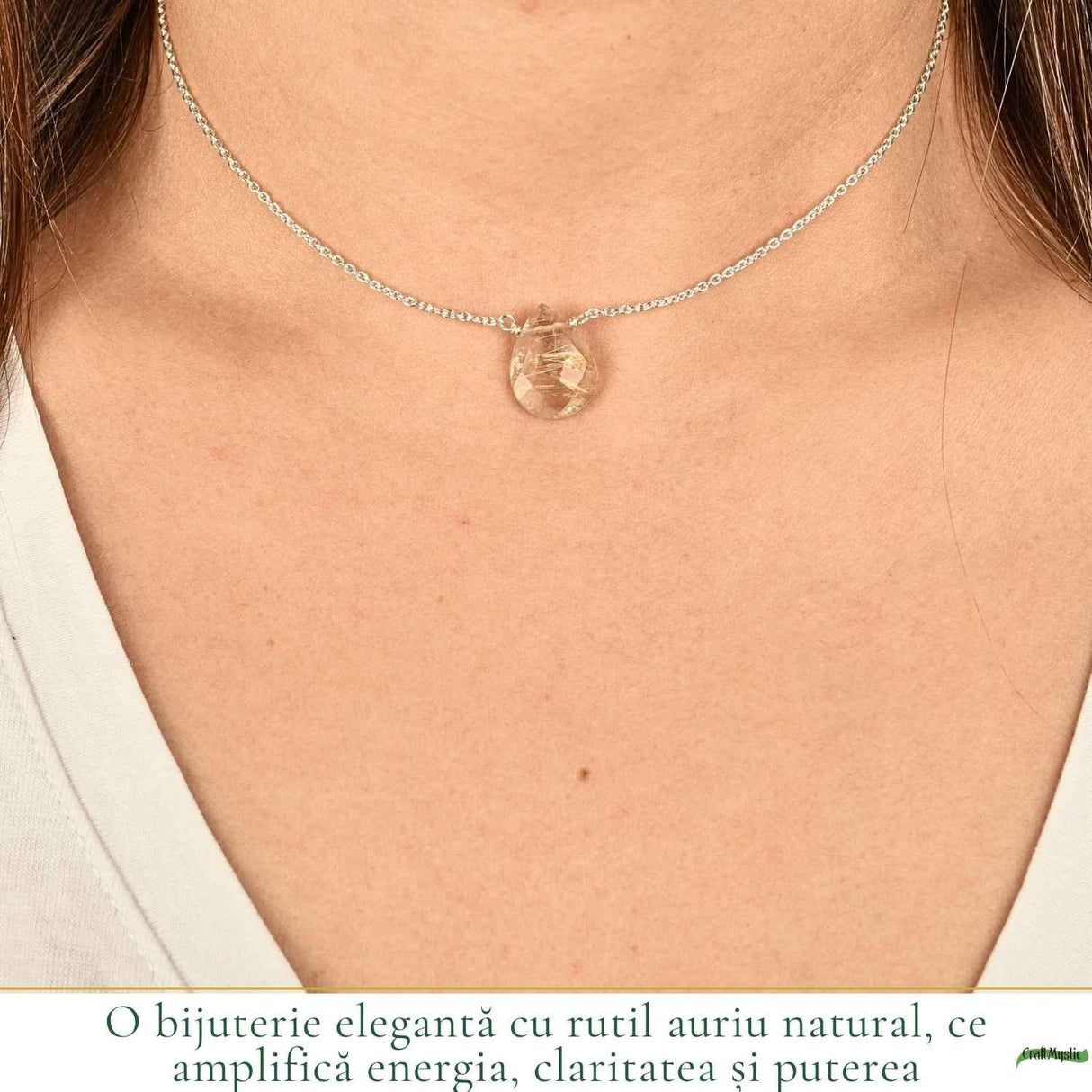 Colier argint 925 cu rutil auriu lacrima – claritate si energie interioara