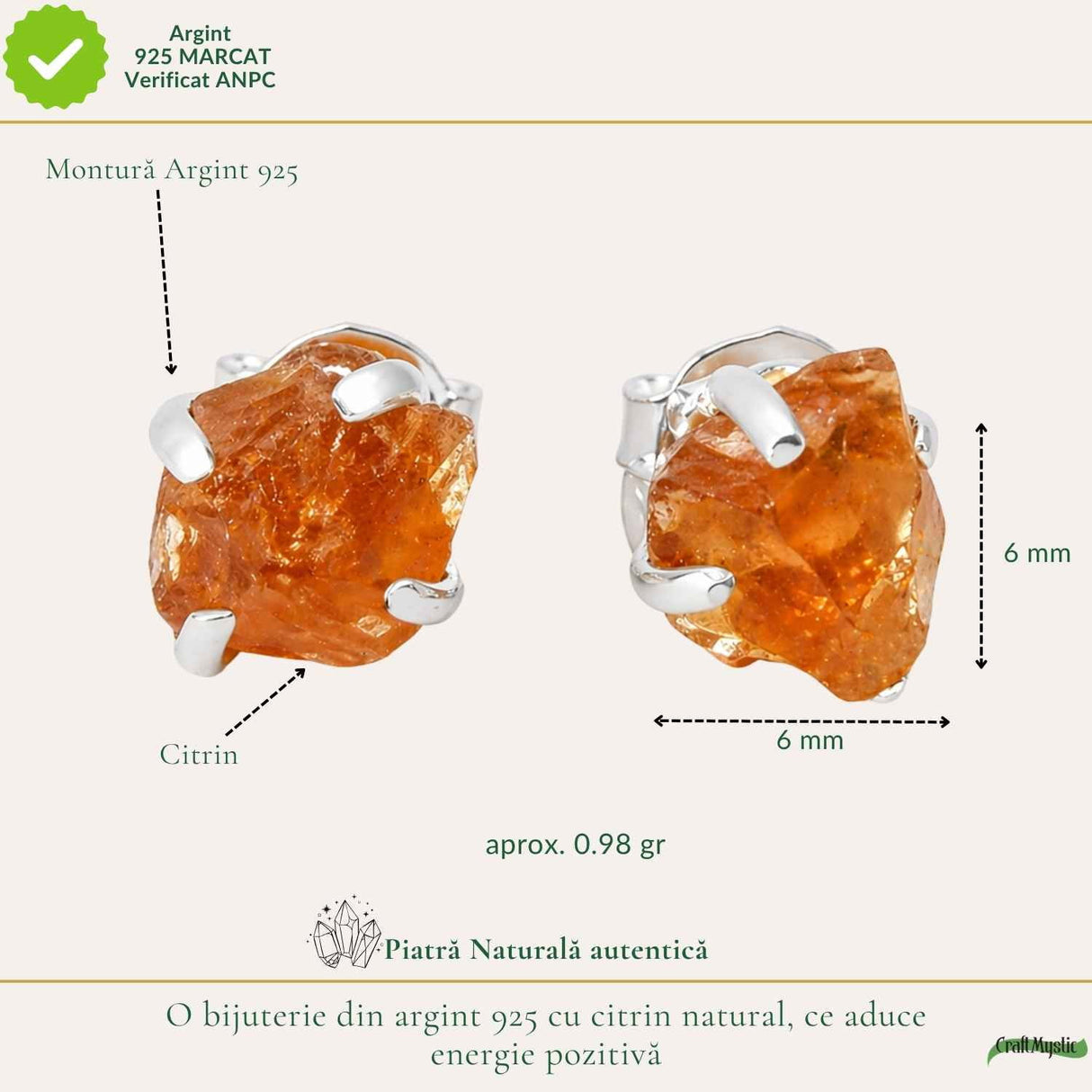Cercei Argint 925 cu Citrin Brut – Energie Pozitiva si Abundenta Naturala