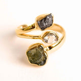Inel argint 925 placat cu aur de 18k cu Moldavit, Meteorit si Diamant Pakimer marime 57.5/8 - Putere cosmica si claritate