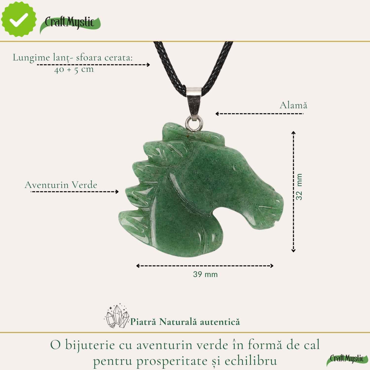 Colier cu Aventurin Verde Natural in Forma de Cal – Noroc, Echilibru si Libertate