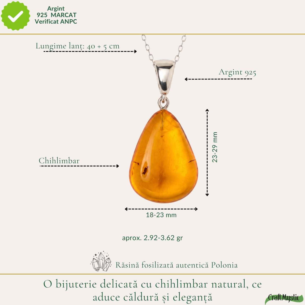 Colier Argint 925 cu Chihlimbar Natural Lacrima – Energie Pozitiva si Eleganta Calda