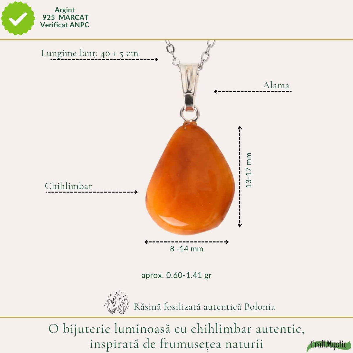 Colier cu Chihlimbar Natural Lacrima si Lant Argint 925 – Energie Calda si Eleganta Delicata