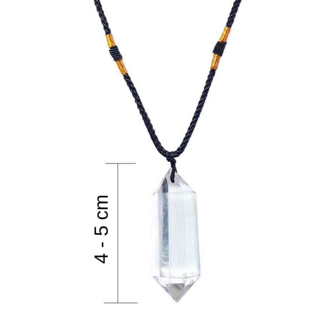 Colier cu cristal vindecator Labradorit 4-5 cm, in forma hexagonala cu dublu varf si saculet satin negru - pentru protectie, vointa si noroc