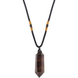 Colier cu cristal vindecator Labradorit 4-5 cm, in forma hexagonala cu dublu varf si saculet satin negru - pentru protectie, vointa si noroc