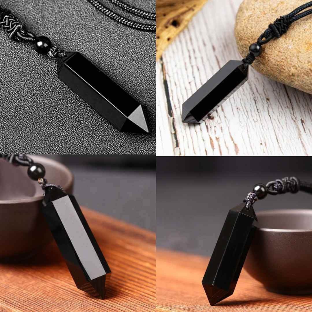 Colier cu cristal vindecator Obsidian Negru, in forma hexagonala cu dublu varf si franghie neagra ajustabila - pentru protectie, stabilitate si armonie