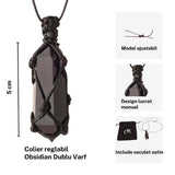 Colier cu cristal vindecator Obsidian Negru, in forma hexagonala dublu varf, infasurat intr-o plasa de franghie neagra ajustabila - pentru protectie, stabilitate si armonie