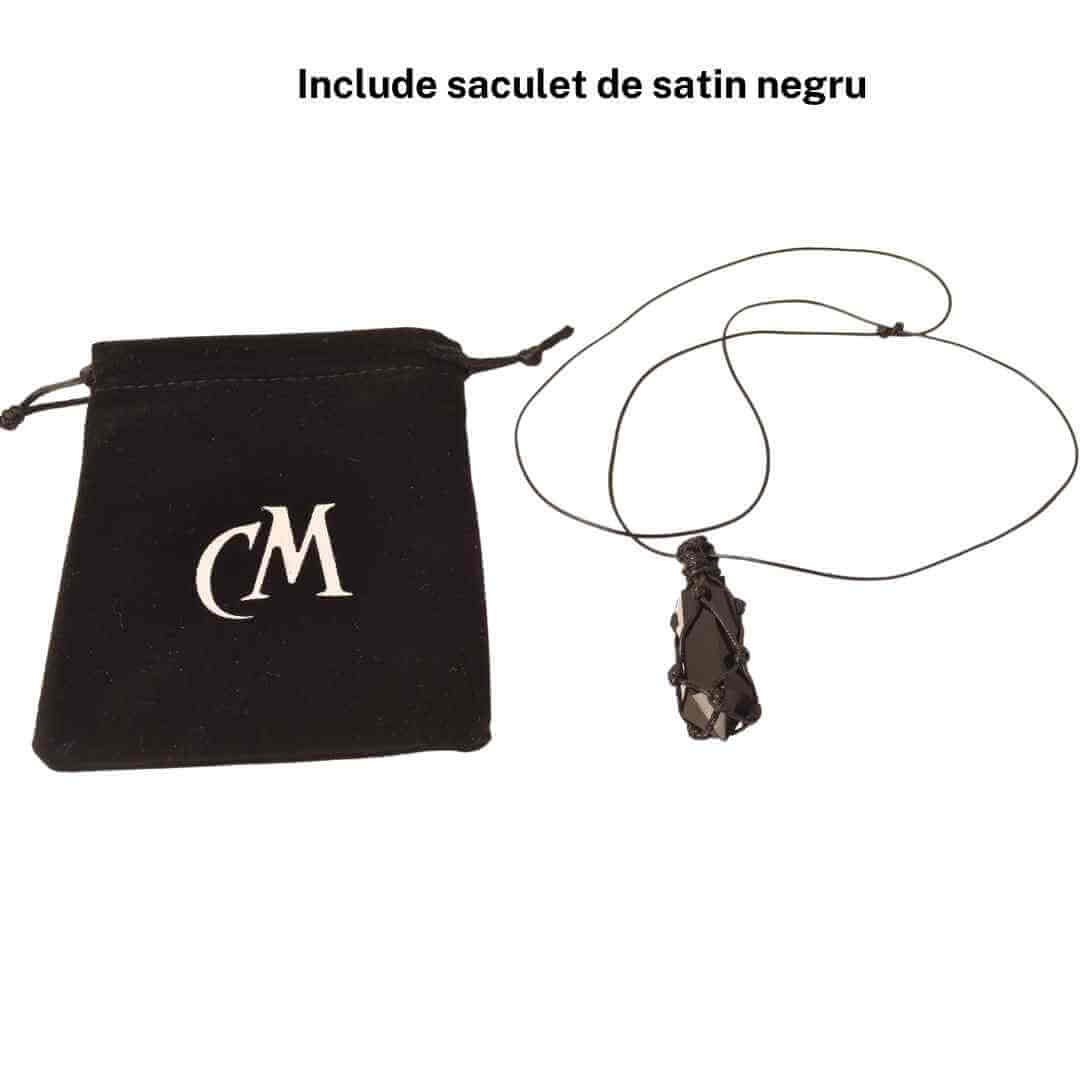 Colier cu cristal vindecator Obsidian Negru, in forma hexagonala dublu varf, infasurat intr-o plasa de franghie neagra ajustabila - pentru protectie, stabilitate si armonie