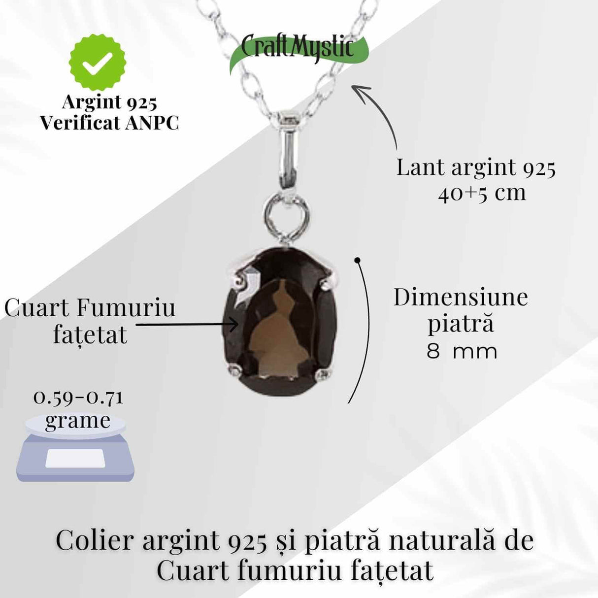 Colier Argint 925 cu Cuart Fumuriu Oval fatetat - Echilibru, Protectie si Liniste Interioara
