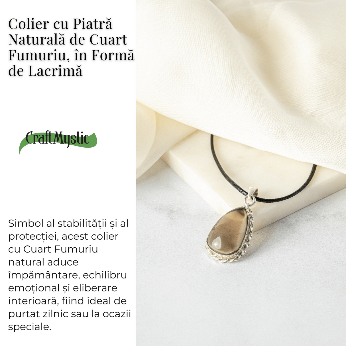 Colier cu Cuart Fumuriu Natural in Forma de Lacrima - Protectie si Echilibru Emotional