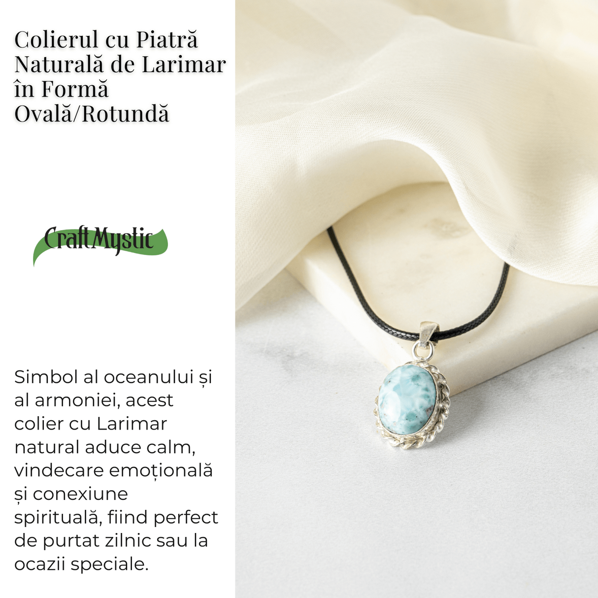 Colier Argintiu cu Larimar Natural Oval/Rotund - Liniste si Conexiune Spirituala