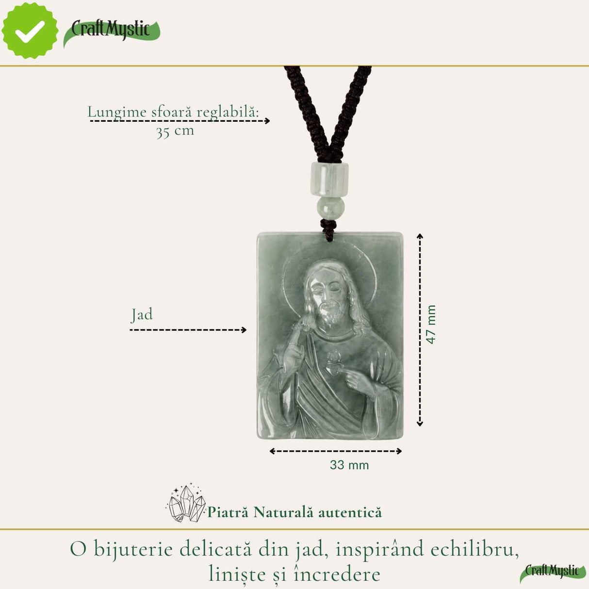 Colier cu Jad Natural cu Chipul lui Isus – Protectie, Armonie si Credinta