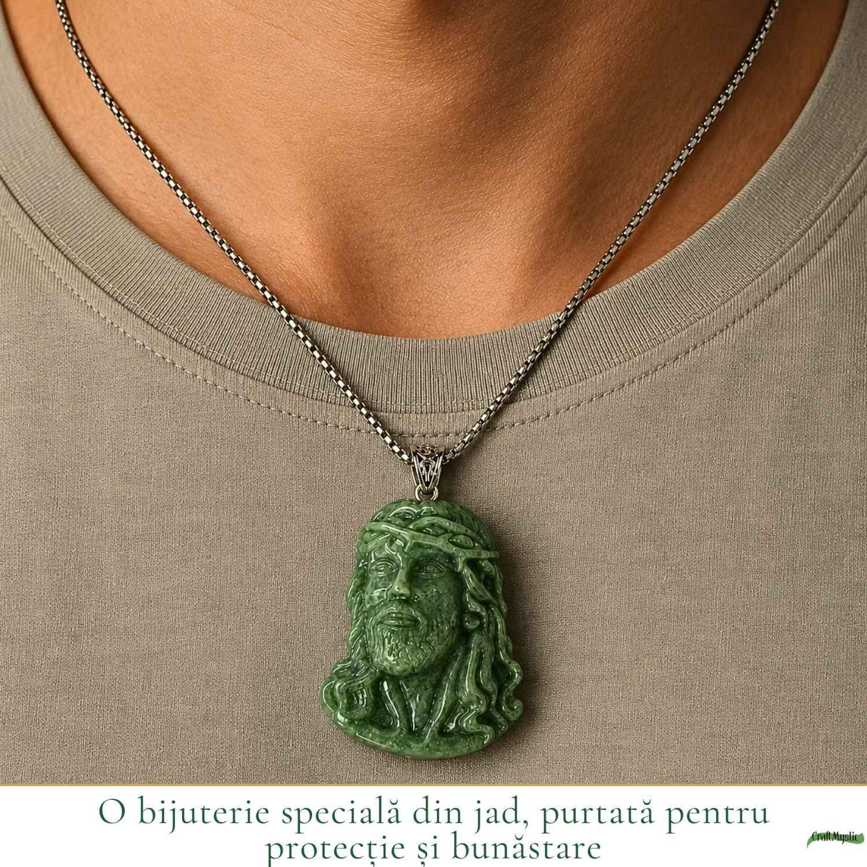 Colier cu Jad Natural cu Chipul lui Isus – Credinta, Armonie si Protectie