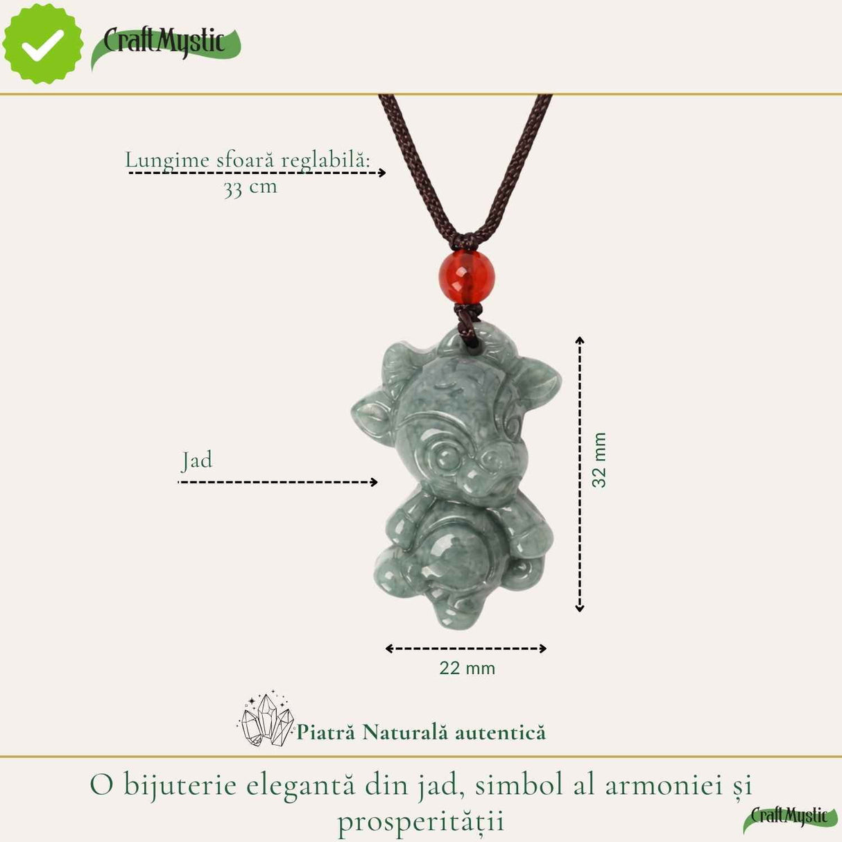 Colier cu Jad Natural in Forma de Vacuta – Armonie, Noroc si Echilibru