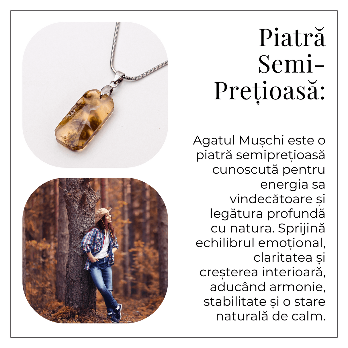 Colier Titanium cu Agat Muschi Dreptunghi - Echilibru Natural si Conexiune cu Natura