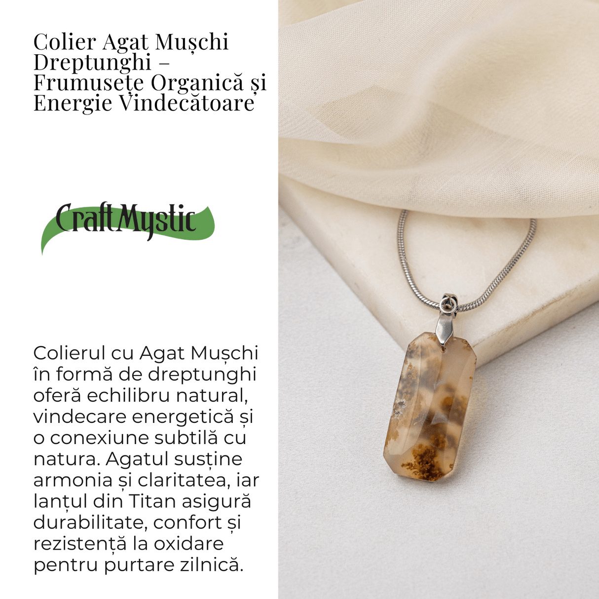 Colier Titanium cu Agat Muschi Dreptunghi - Echilibru Natural si Conexiune cu Natura
