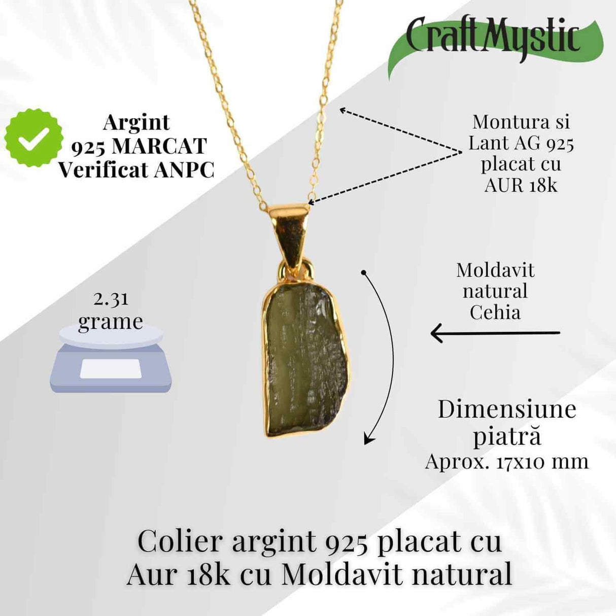 Colier Argint 925 placat cu aur 18k cu Moldavit natural brut 2.31 g - talisman de transformare