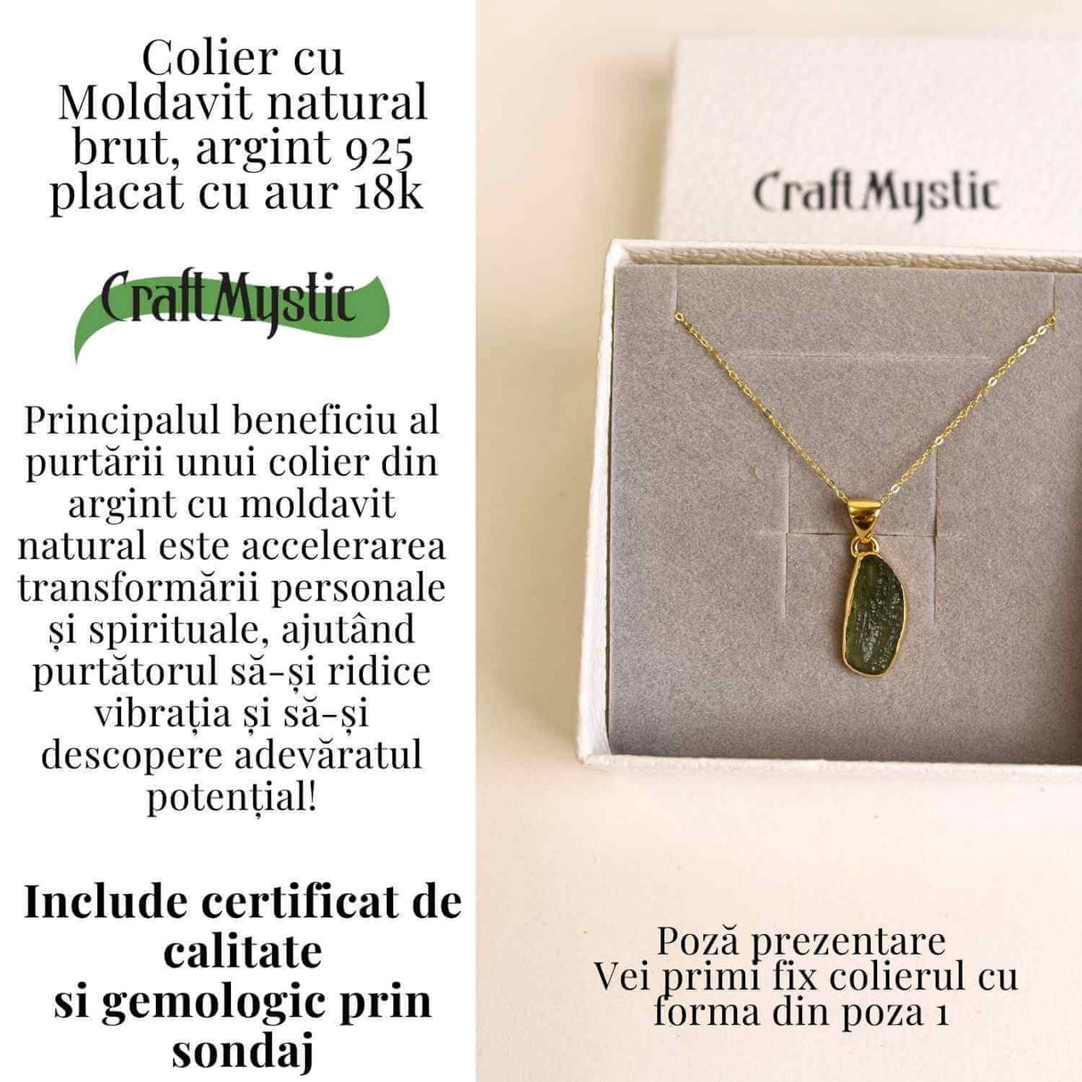 Colier argint 925 placat aur 18k cu Moldavit natural 2.17 g - Accelereaza transformarea personala