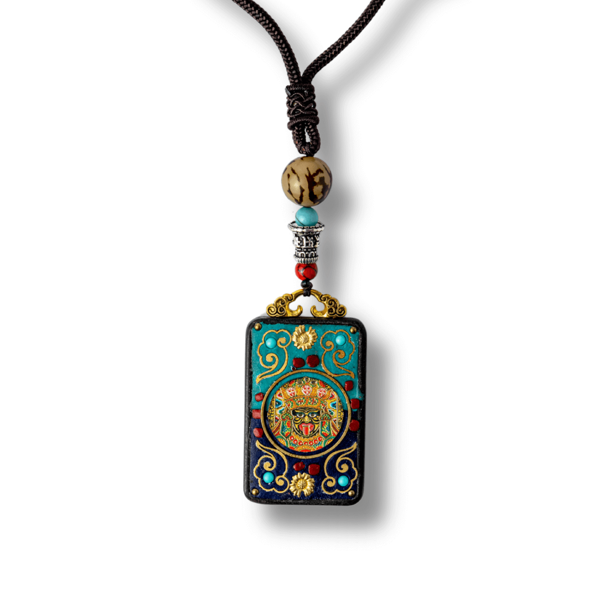 Colier Thangka Nepalez din Lemn de Abanos cu Leul de Zapada - Protectie Spirituala si Echilibru Interior
