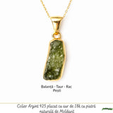 Colier Unisex cu Moldavit Natural si Argint placat cu Aur 18K - Energie Rara si Autentica