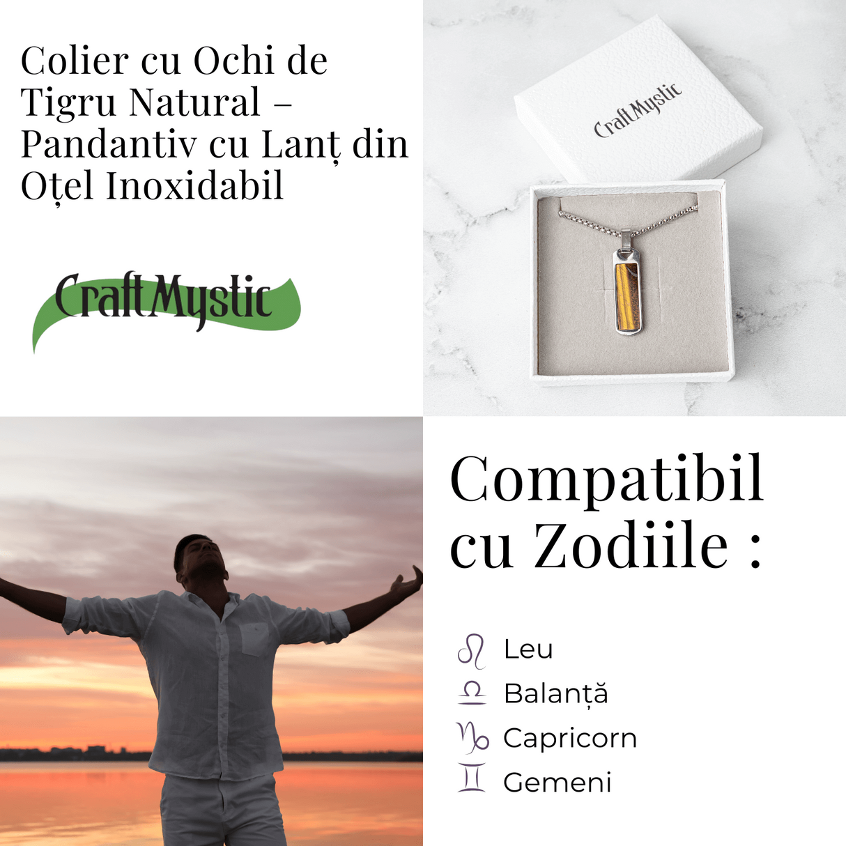 Colier Otel Inoxidabil cu Ochi de Tigru Natural - Pandantiv Dreptunghiular al Curajului