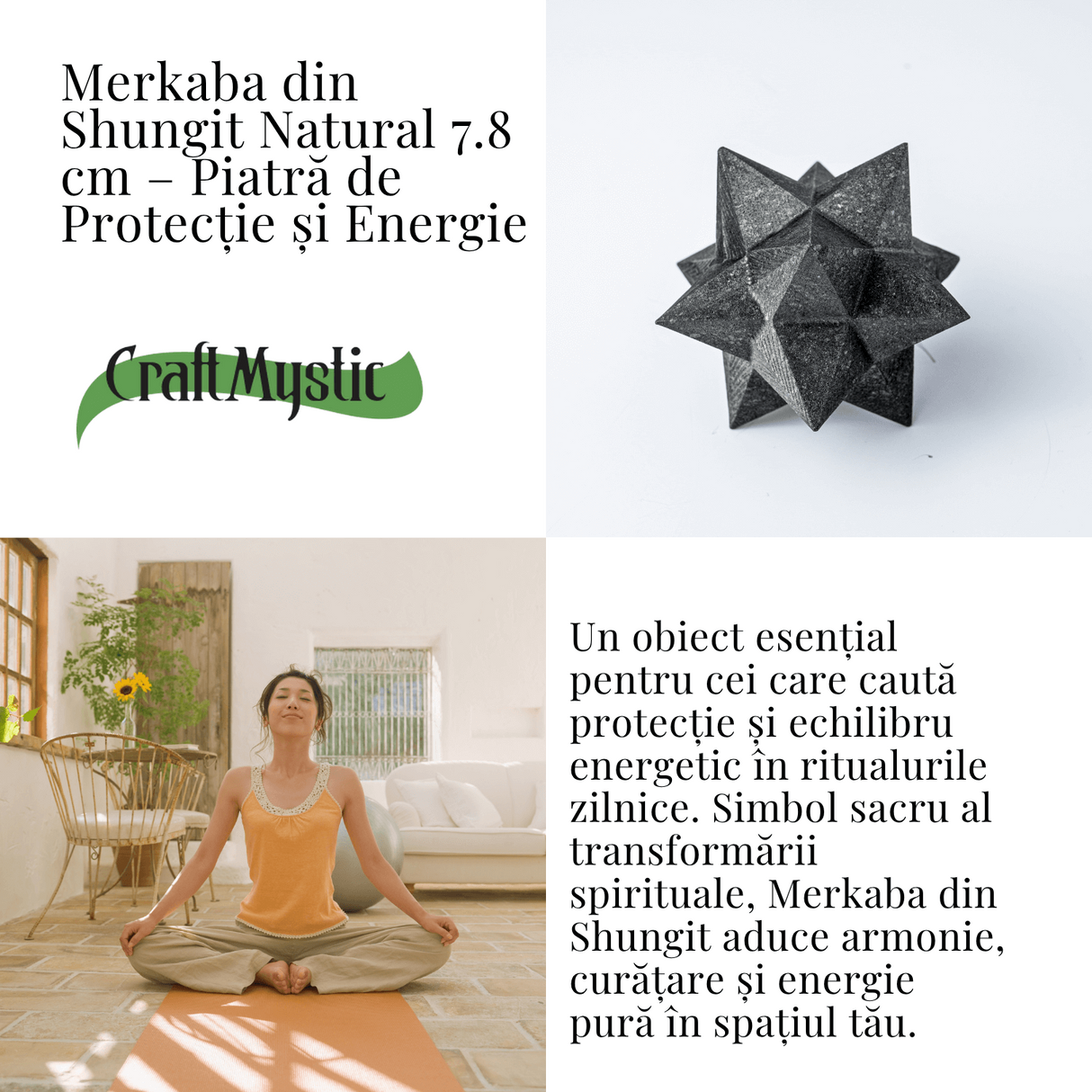 Merkaba din Shungit Natural 7.8 cm – Stea Sacra de Protectie Energetica si Armonie Interioara