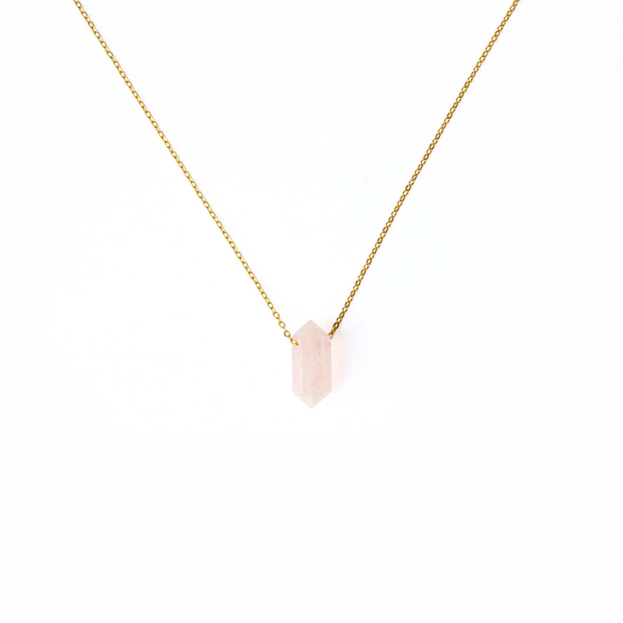 Colier din Cuart Roz Natural cu Pandantiv Fatetat Hexagonal