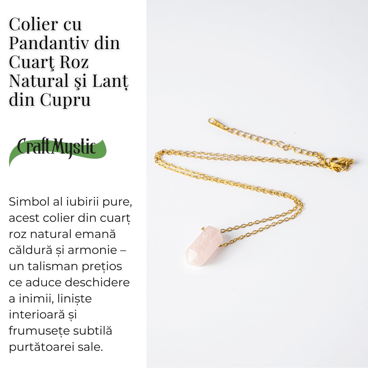 Colier din Cuart Roz Natural cu Pandantiv Fatetat Hexagonal