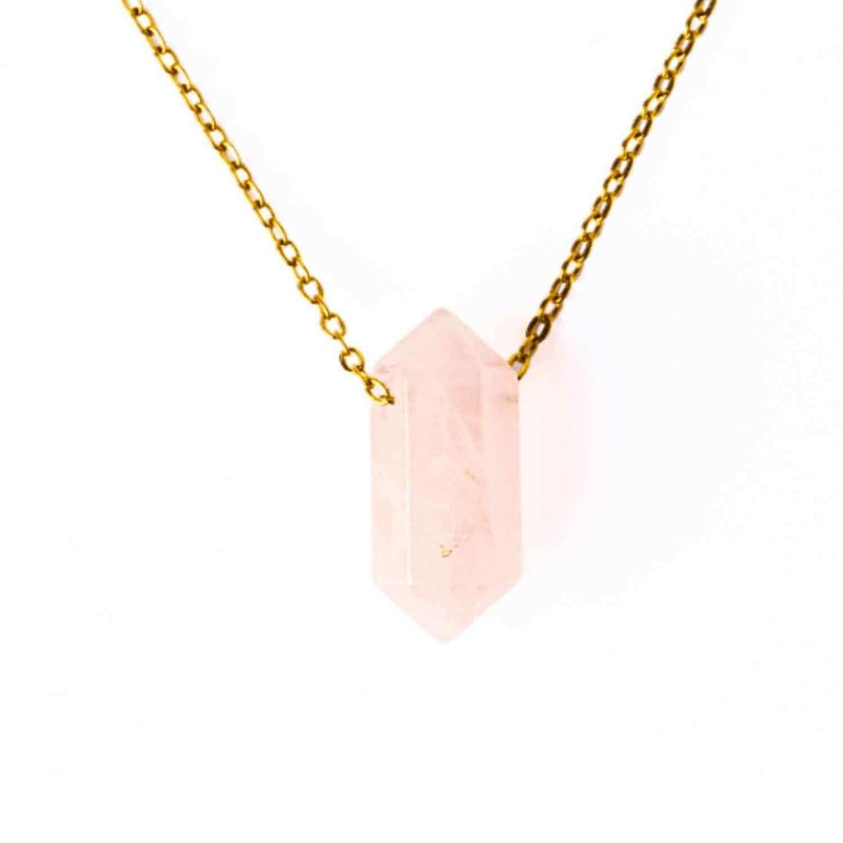 Colier din Cuart Roz Natural cu Pandantiv Fatetat Hexagonal