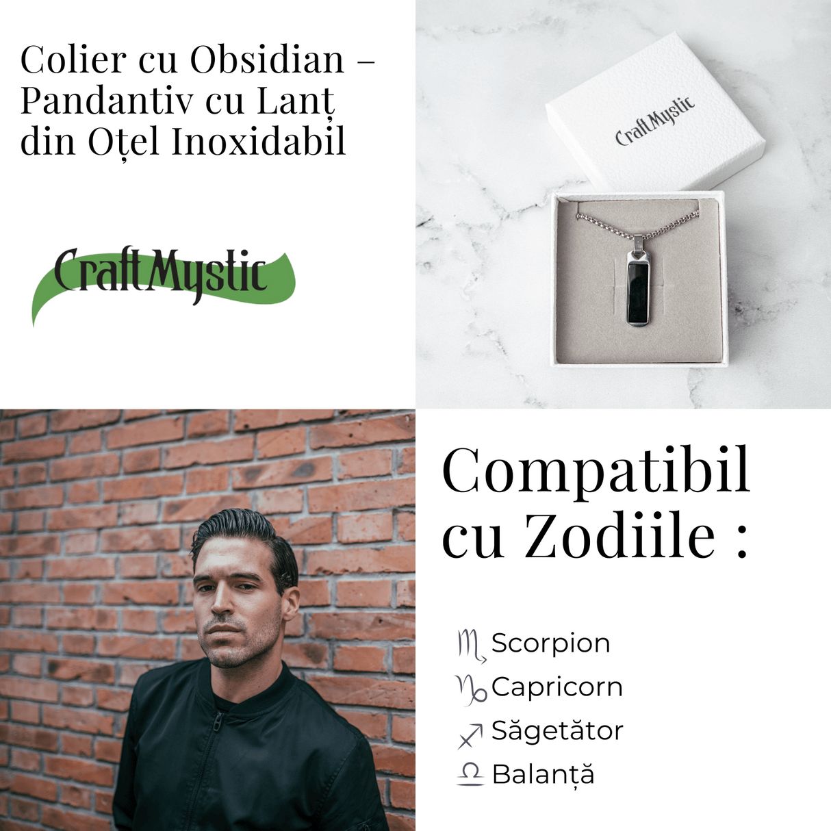 Colier din Otel Inoxidabil cu Obsidian Natural - Pandantiv Dreptunghiular Protectie si Transformare