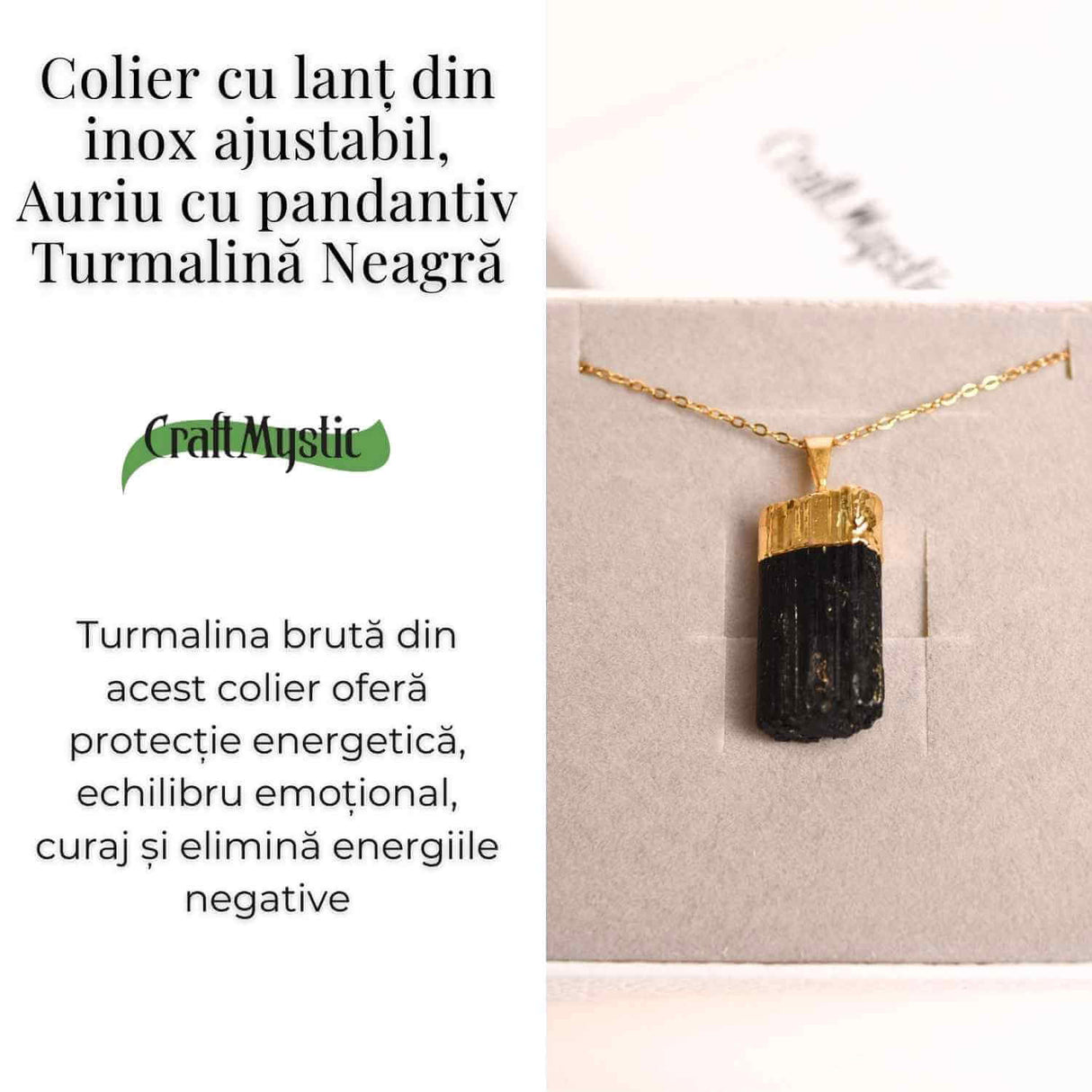 Colier auriu cu pandantiv si Turmalina Neagra cu lant inox - Protectie si Eleganta Naturala