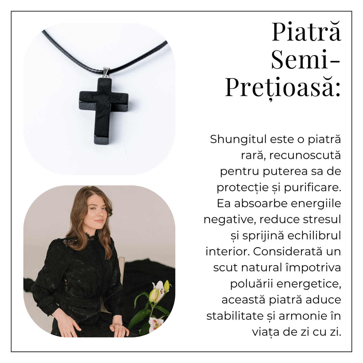 Colier cu Pandantiv Cruce din Shungit Natural - Protectie Energetica si Liniste Interioara