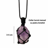 Colier cu Pandantiv din Ametist 3-4 cm Slefuit pentru Vindecare, in Sfoara Impletita, Bijuterie de Meditatie si Yoga pentru Femei