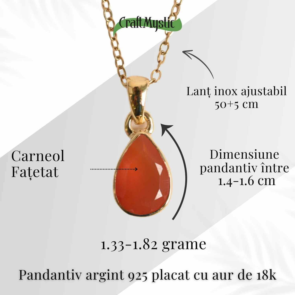 Colier cu lant inox cu Carneol Lacrima in montura Argint 925 Placat cu Aur 18K - Curaj si Energie Interioara