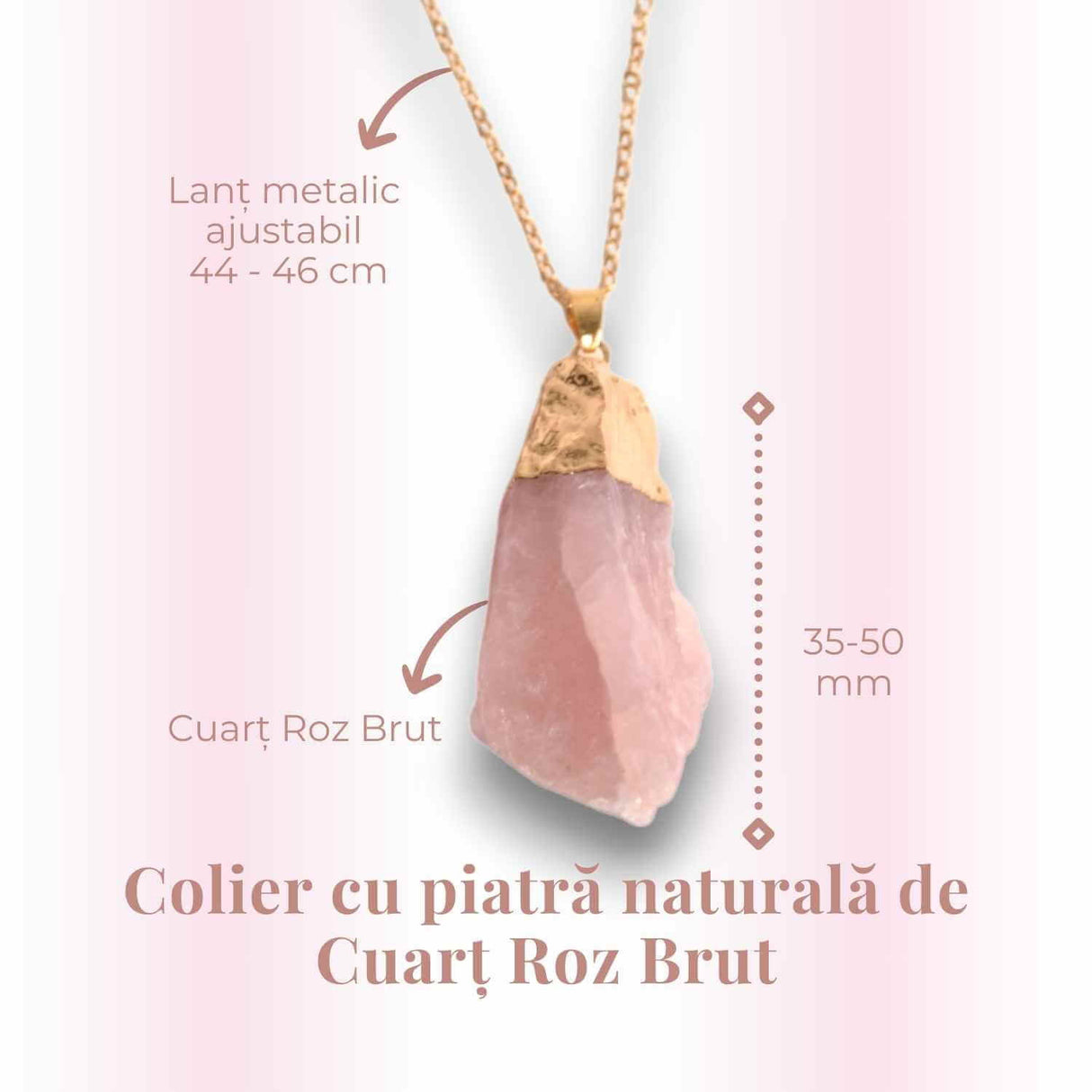 Colier auriu ajustabil cu pandantiv din Cuart Roz brut - Vindecare și Iubire dimensiune 35-50 mm