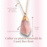 Colier auriu ajustabil cu pandantiv din Cuart Roz brut - Vindecare și Iubire dimensiune 35-50 mm