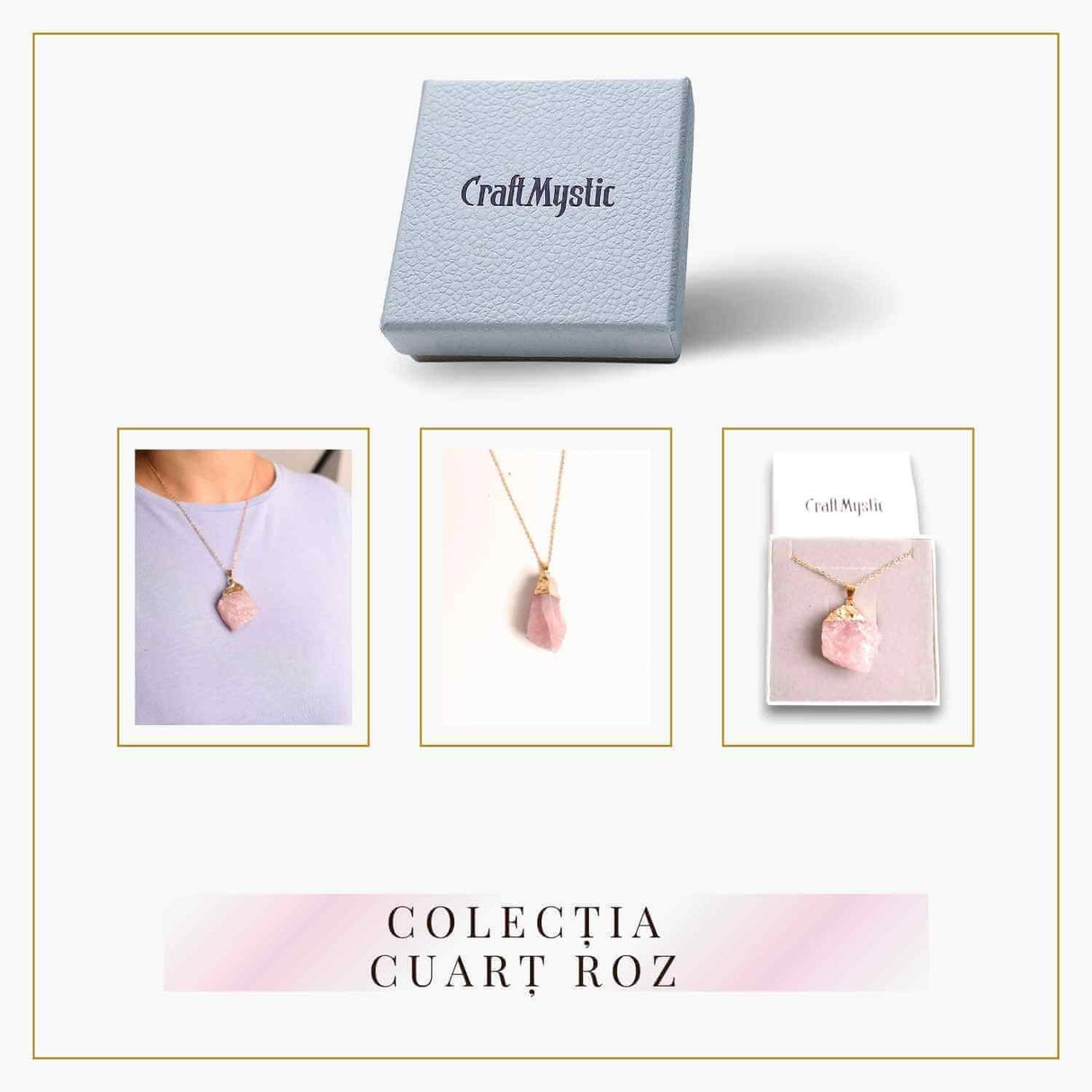 Colier auriu ajustabil cu pandantiv din Cuart Roz brut - Vindecare și Iubire dimensiune 35-50 mm