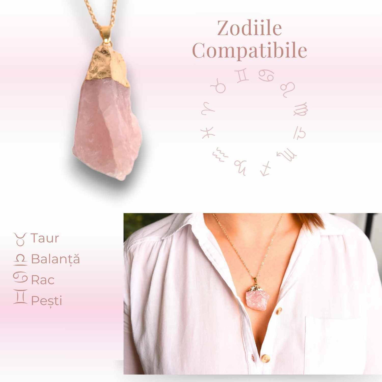 Colier auriu ajustabil cu pandantiv din Cuart Roz brut - Vindecare și Iubire dimensiune 35-50 mm