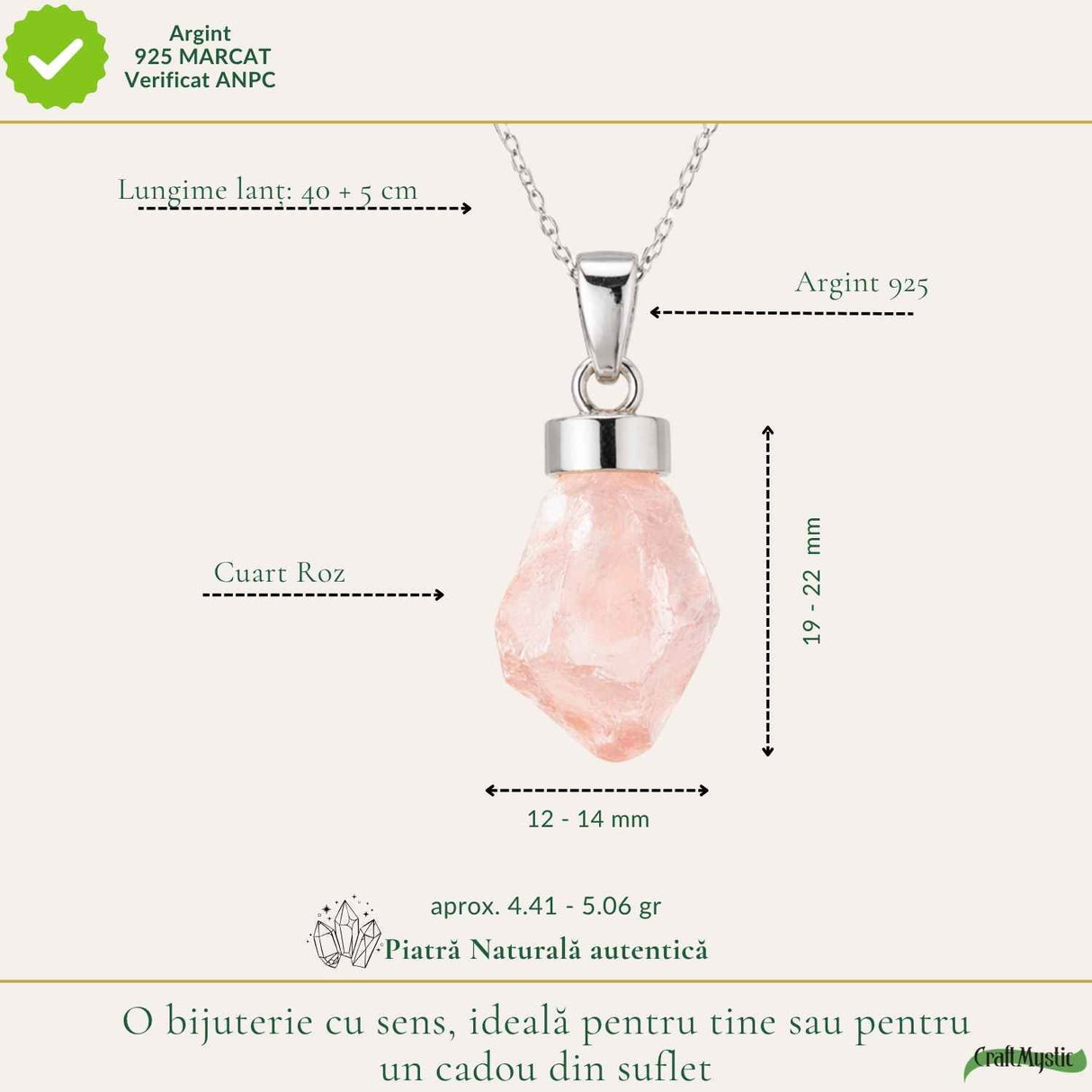 Colier Cuart Roz brut din Argint 925 – iubire autentica si echilibru emotional